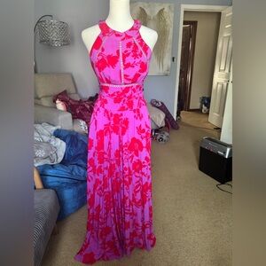 Floral Halter Maxi Dress in Hot Pink and Fuchsia